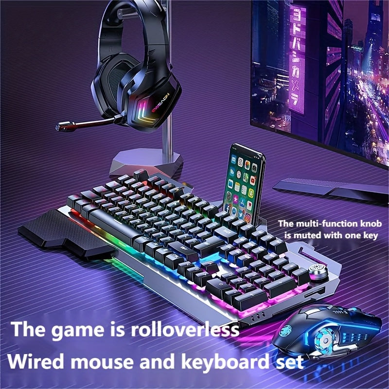 Ergonomic Gaming Keyboard - Wired, Faux Mechanical Feel, LED Color Backlight, USB Connection, 104 Keys Full Metal Panel, Multimedia Knob And Laptop Phone Holder Gift for Your Family Boyfriend