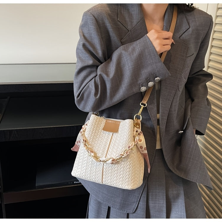 Women's Woven Tote & Bucket Bag - Convertible Crossbody/Handbag with Golden-Tone Hardware, Beige/Black Detachable Strap, Retro Woven-Pattern Shoulder Purse for, Casual & Formal Events (Adjustable, Snap Closure)