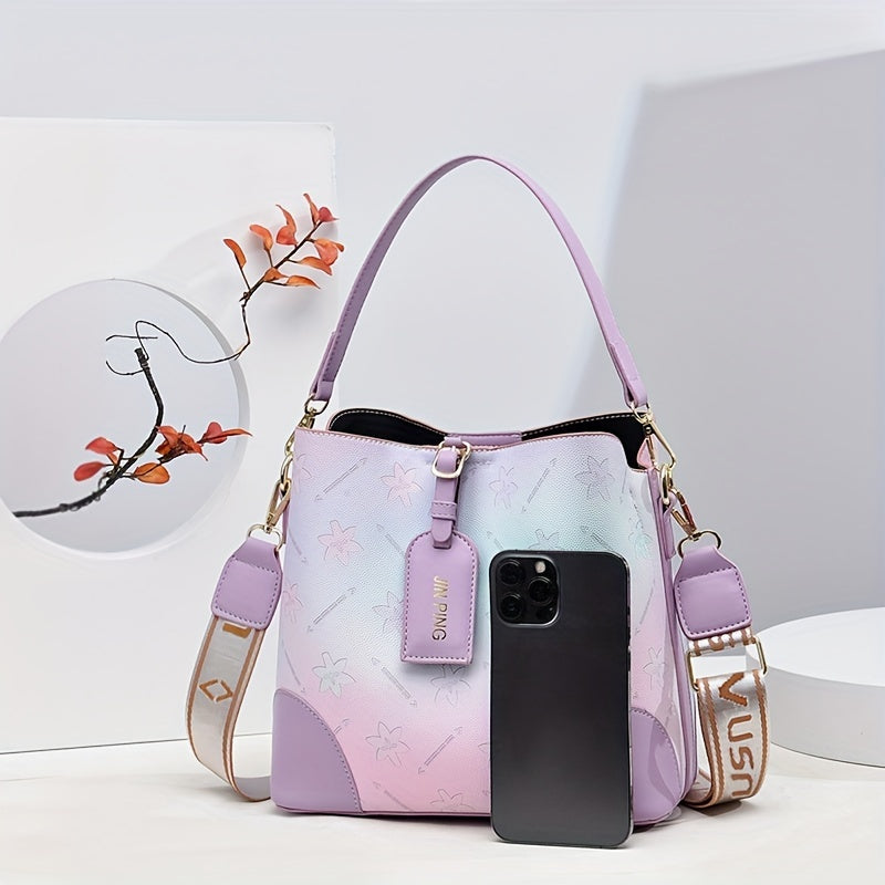 [Trendy Bucket Bag] Trendy Ombre Bucket Bag | Letter Print Handbag, Fashion Buckle Decor, Women's Every Day Purses