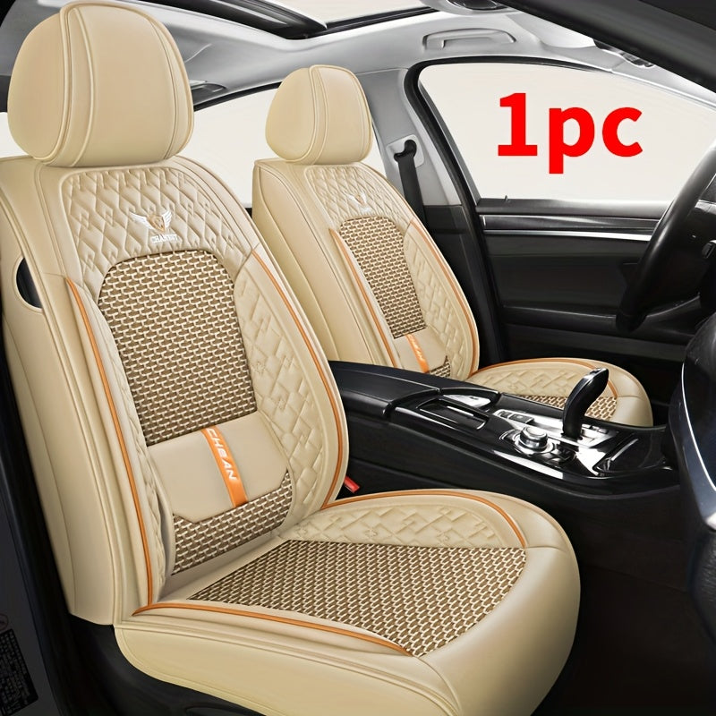 Premium 1pc Car Front Seat Cover PU Leather + Ice Slippy Fiber Fabric Full Coverage Summer Car Seat Protector