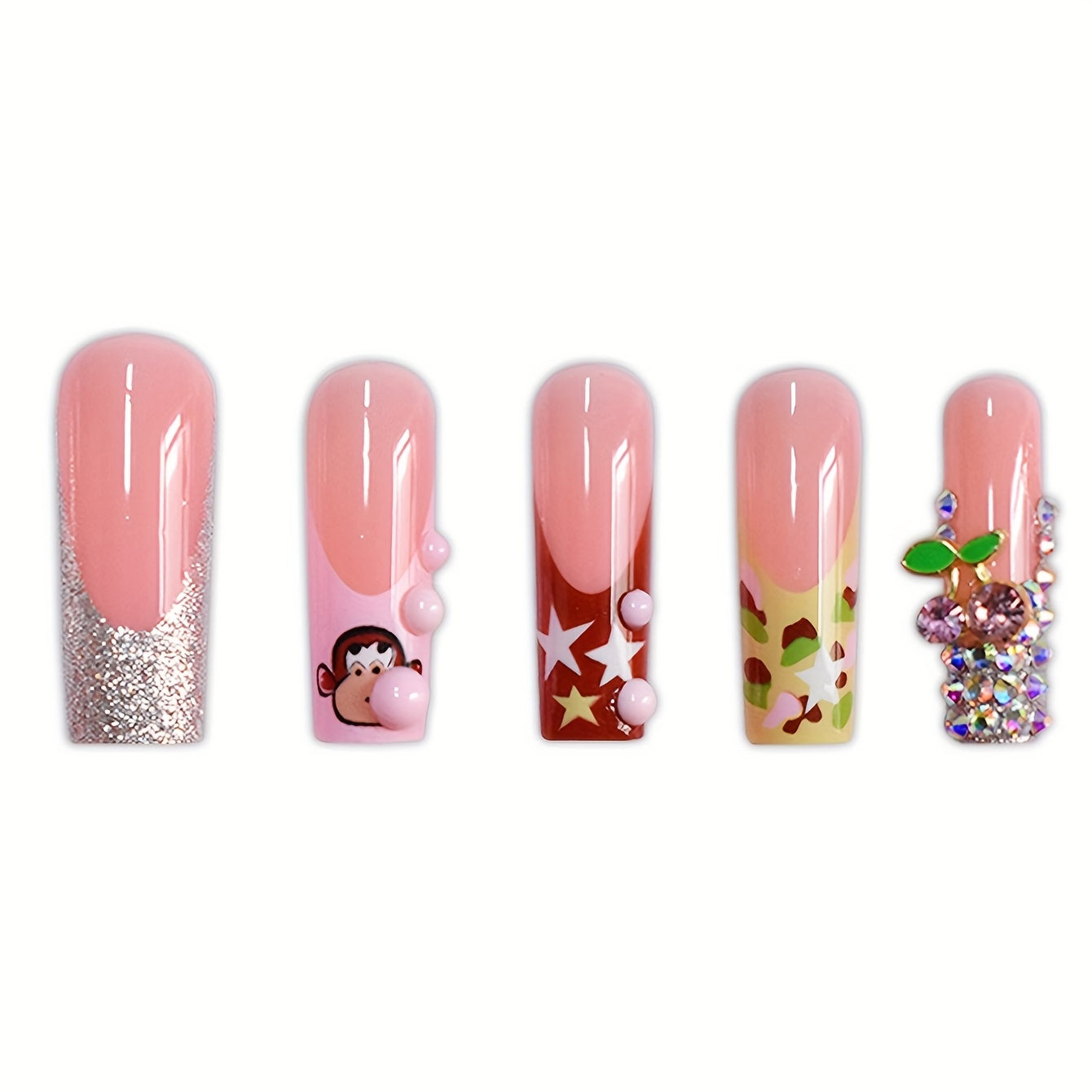 A Set of 24 Long Coffin-Shaped False Nails, Cute Cartoon Monkeys, Sweet Three-Dimensional Cherries, Light Luxury Diamonds, Fashionable Stars, Silvery Glitter, Suitable for All Women And, Nail Polish And Jelly Glue Are Include