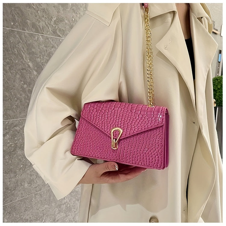 Pink Snake Print Crossbody BagFor Women, Stylish Women's Crocodile Pattern Handbag - Black Shoulder Bag With Detachable Strap Golden-Tone Hardware & Chain Strap, Crossbody Bag Purse Christmas Bags For Gifts Christmas Gift Bag