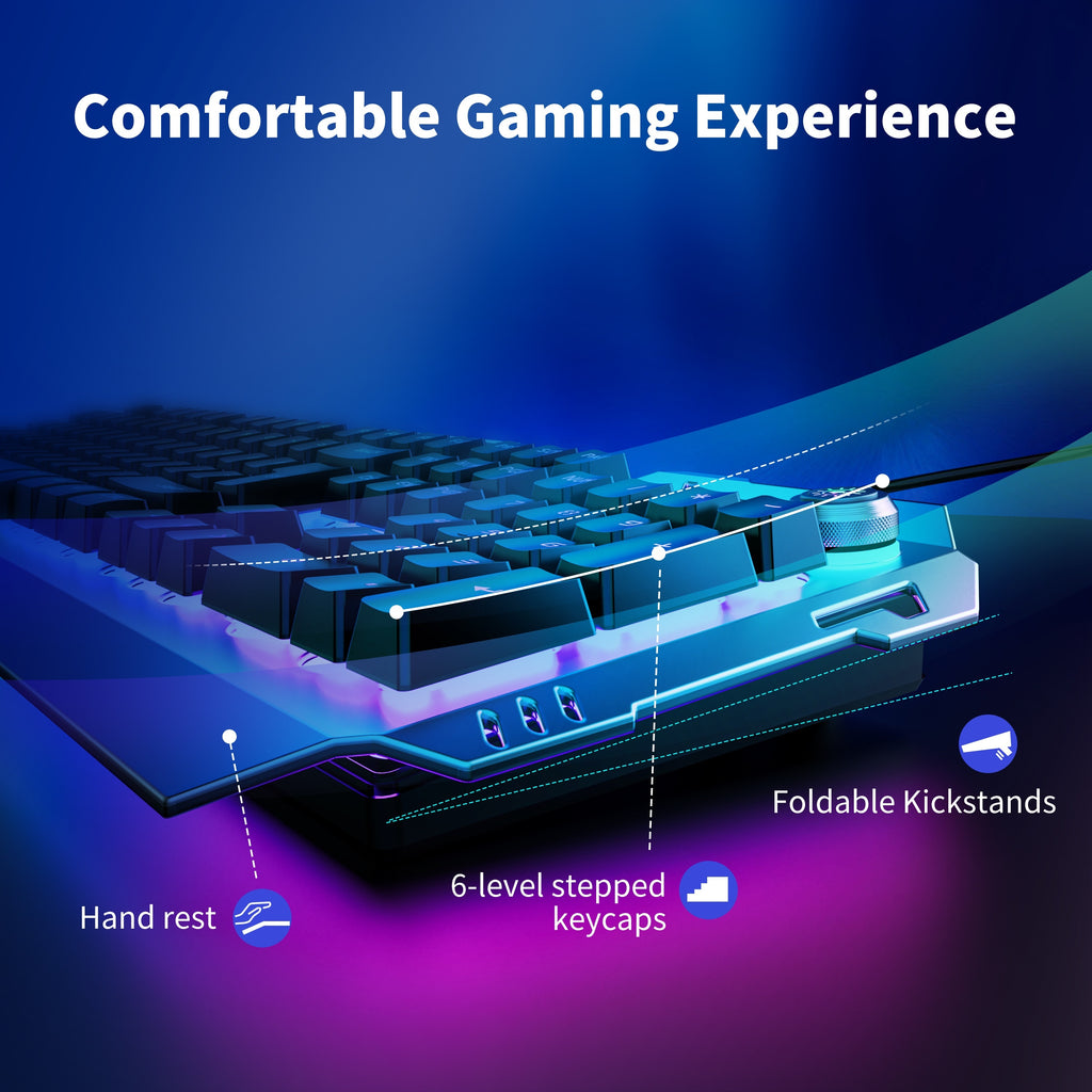 [EWEADN LED Gaming Keyboard] EWEADN 104 Keys LED Backlit Wired Gaming Keyboard - Ergonomic Silent Design, Adjustable Volume Knob, USB Powered, for Desktop & Notebook Computers, Office Accessories