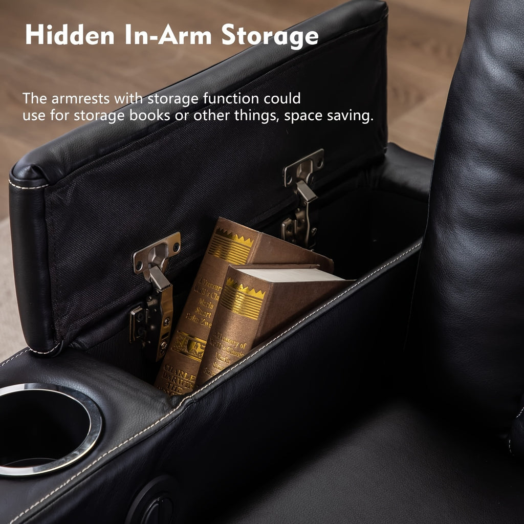 Power Recliner Chair, Heavy-Duty Frame & Soft Faux Leather Upholstery, Hidden Storage & Easy Operation, Compatible with Plug, Black, Modern Lazy Boy Sofa for Home Theater Seating, Easy Assembly