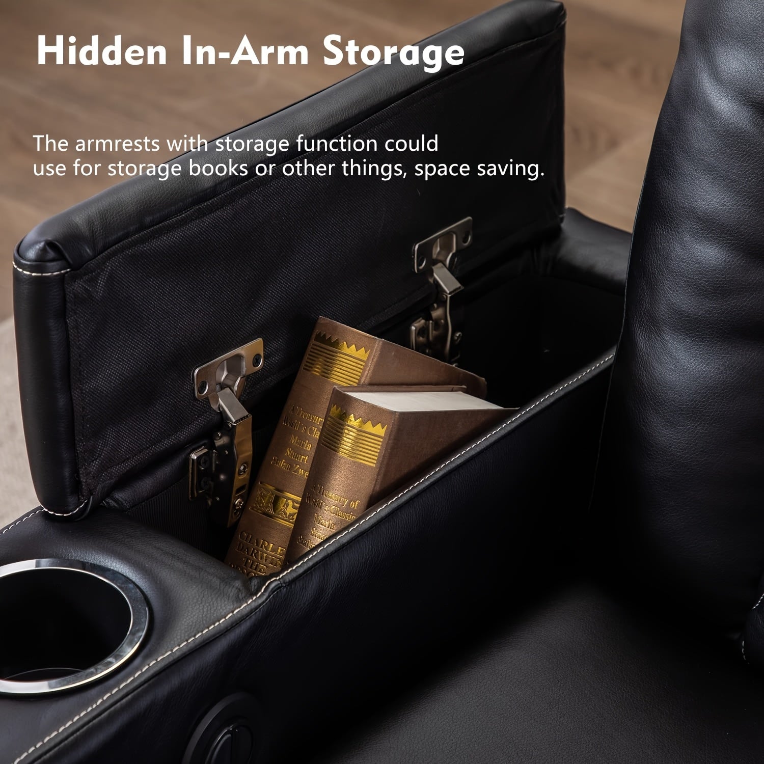 Power Recliner Chair, Heavy-Duty Frame & Soft Faux Leather Upholstery, Hidden Storage & Easy Operation, Compatible with Plug, Black, Modern Lazy Boy Sofa for Home Theater Seating, Easy Assembly