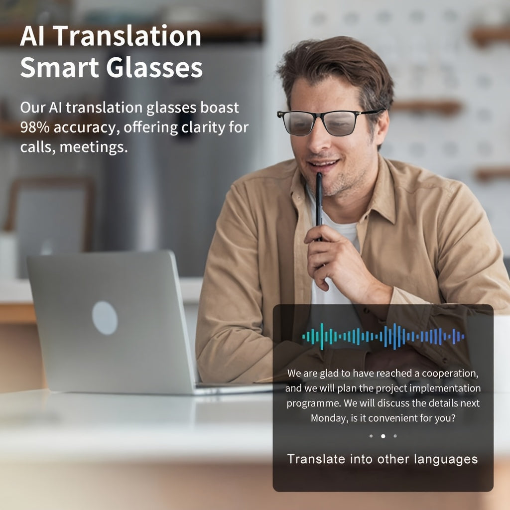 AI Smart Glasses with 160-Language Real-Time Translation & Chat GPT System, Built-in Microphone/Speaker, HD Voice Calls & HIFI Music, Physical Color-Changing Lens, Wireless, High Quality, Magnetic Charging, Long-Lasting Batte