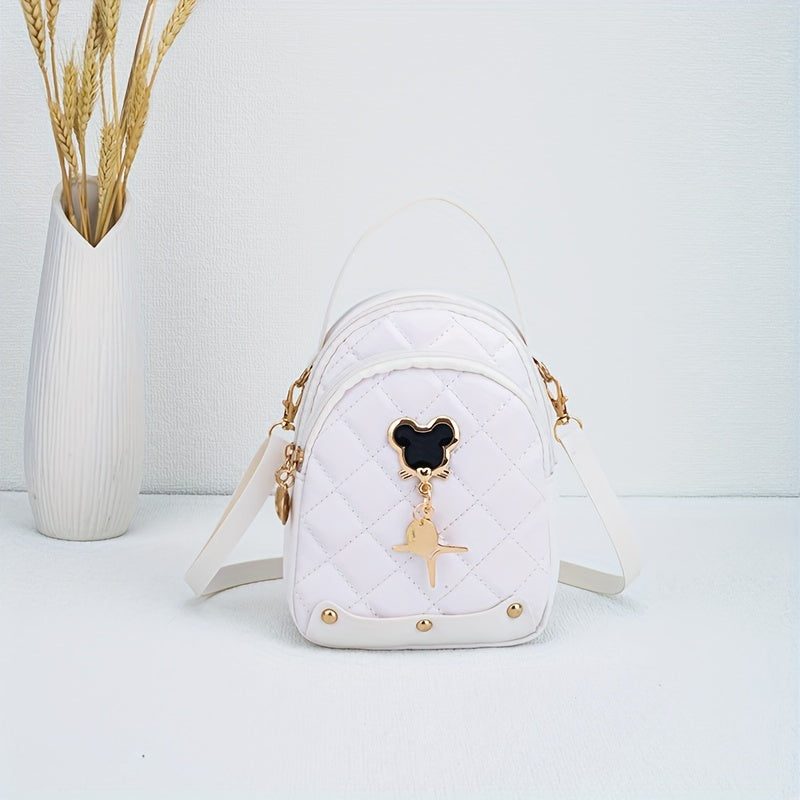 s Rhombus Backpack, Golden-Tone Hardware - Black/Pink/White, Mouse Pad Keychain Lock Compatible, Durable Adjustable Strap & Zipper Closure, Golden-Tone Plaque for Keys, Casual Handbag for Travel, Everyday Use (Poly, for Teena