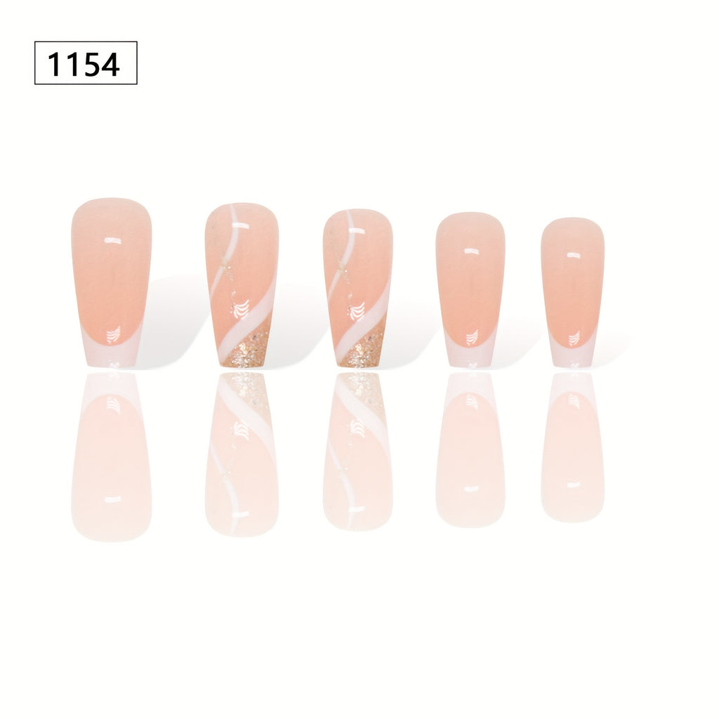 24pcs Glossy Medium Ballerina Fake Nails, White French Tip Press On Nails With Golden Glitter Stripe Design, Minimalist Style Full Cover False Nails For Women Girls