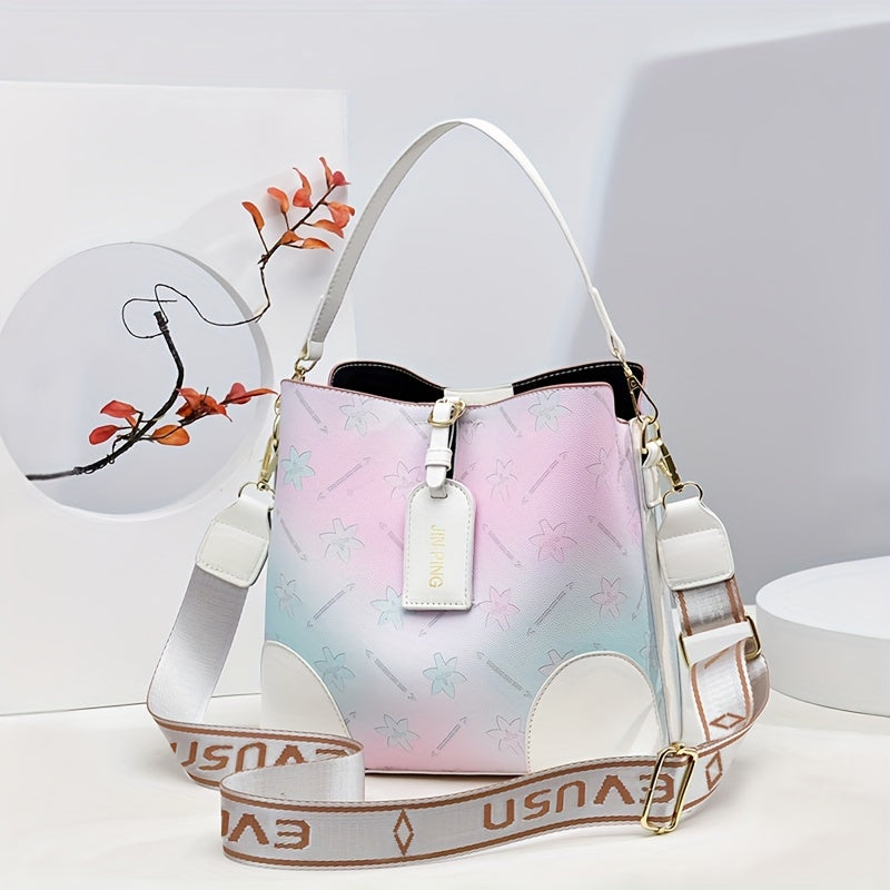 [Trendy Bucket Bag] Trendy Ombre Bucket Bag | Letter Print Handbag, Fashion Buckle Decor, Women's Every Day Purses