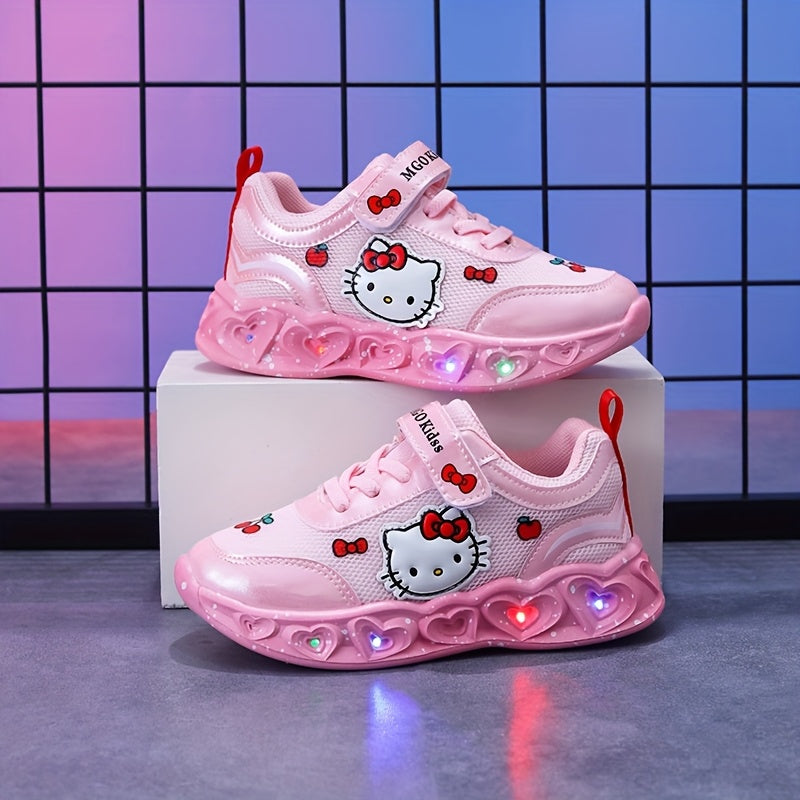 Girls' Glow-In-The-Dark Sneakers with Lights - Pink & White Kitty Design, Soft EVA Cushioned Insole & Durable PVC Sole, Breathable Mesh & Fabric