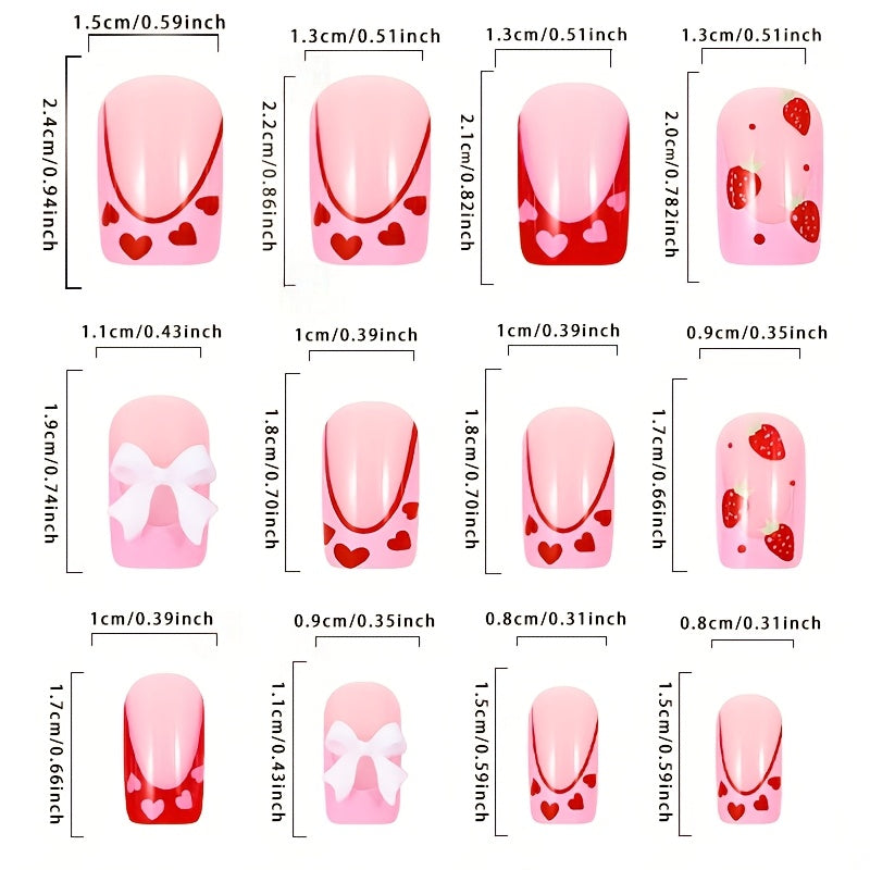 24pcs Pink and Red Heart Strawberry Valentine's Day Press on Nails with Bow, Romantic Nail Art, Special Occasion Nails, Heart Design, Short Square Nails, Durable Pressons, Presson Manicure, Stickon Nails, Bridal Nails, Gift F