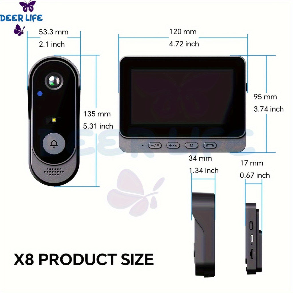 Smart HD WiFi Doorbell, High Quality High-Quality Wireless Camera with Night Vision, Voice Converter, Photos & Videos, 4.3-Inch Screen, 365-Day Standby, Infrared Night Light, Expandable to 128GB Storage, Auto-Recording and Li