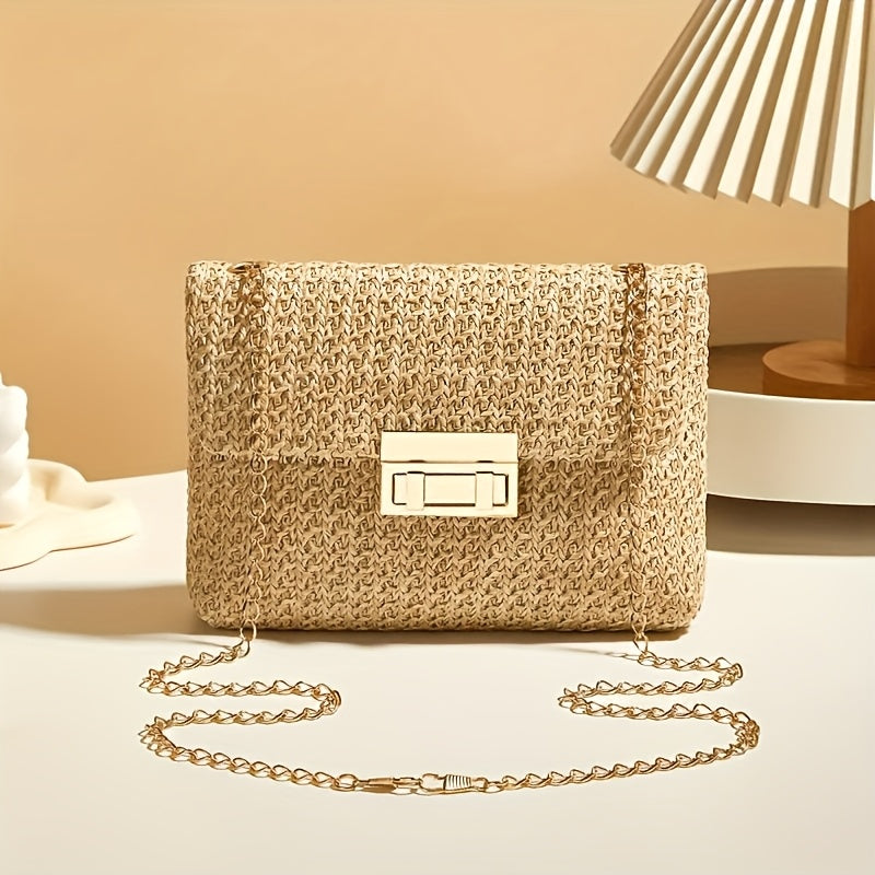 [Perfect Gift for Her] Women's Elegant Woven Straw Shoulder Bag with Golden Chain Strap, Detachable Crossbody Style, Polyester Lining - Perfect Gift for Her, Khaki/Cream Color | Clasp Closure Purse | Polyester Lining, Ladies