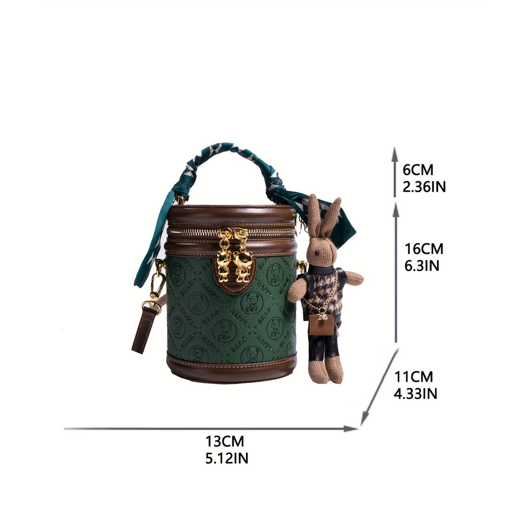 Mini Bear Cylinder Handbag, Scarf Decor Crossbody Bag, Women's PU Leather Bucket Bag