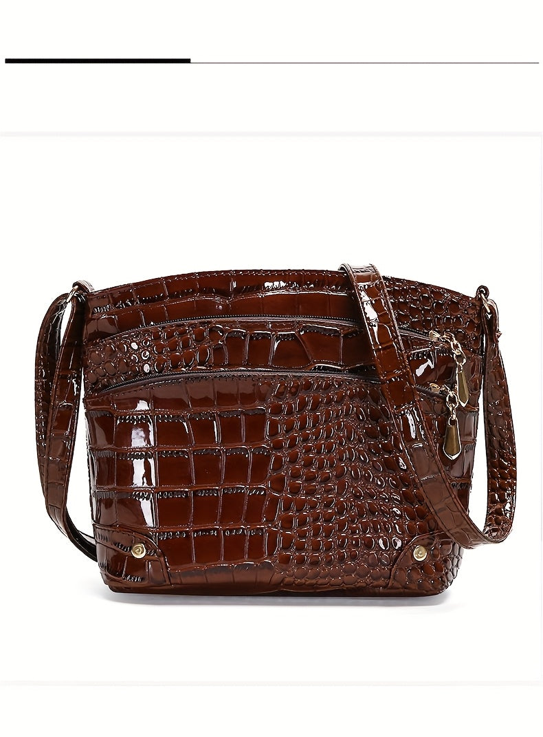 Shiny Crocodile Pattern Women'S Bag, PU Soft Shoulder Bag, Multi-Layer Crossbody Bag, Stylish And Versatile Large Capacity Bucket Bag.