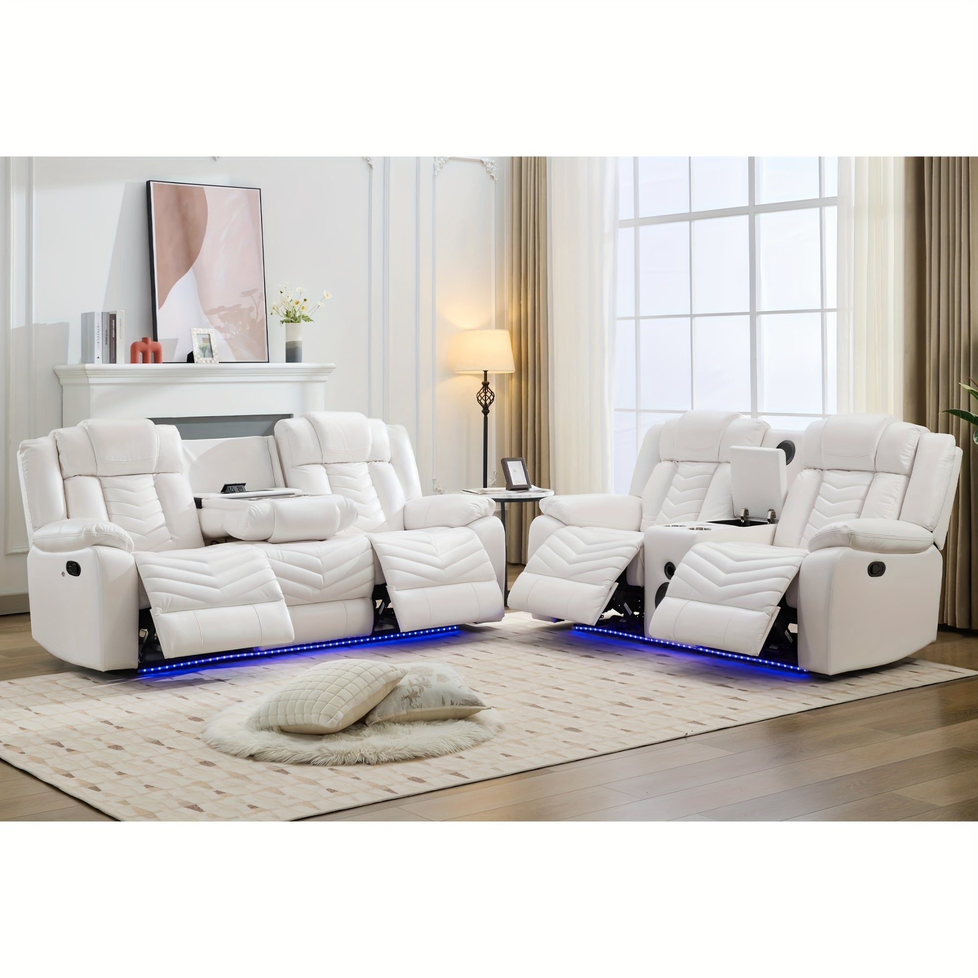 Leather Manual Recliner Sofa Set with Wireless Charger for Living Room, 3 Seater Reclining Sofa and Loveseat Seating Couch with Bass Speakers, LED Lights, Home Theater Love seat Sets with Console