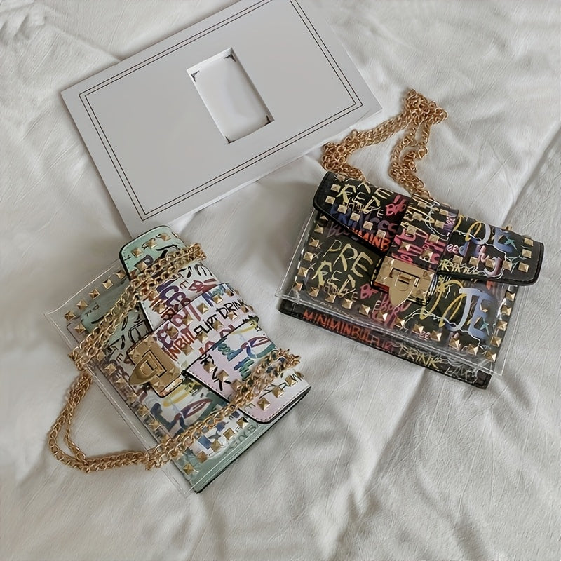 Chic Graffiti-Style Crossbody Bag, Mixed Color Transparent Shoulder Purse with Golden-Tone Hardware, Fashionable and Versatile, Secure Zip Closure, Casual Accessory|Graffiti Artistry|Goldtone Chain, Small Crossbody Bag