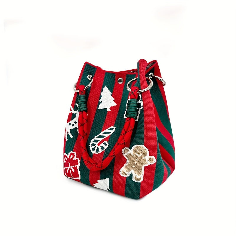 Gingerbread for Man Knitted Handbag/Festive Red & Checkered Design with Magnetic Closure, Removable Strap, and Golden Accents/Perfect Christmas Gift for Women, Holiday Accessory, Playful Design, Magnetic Closure Bag