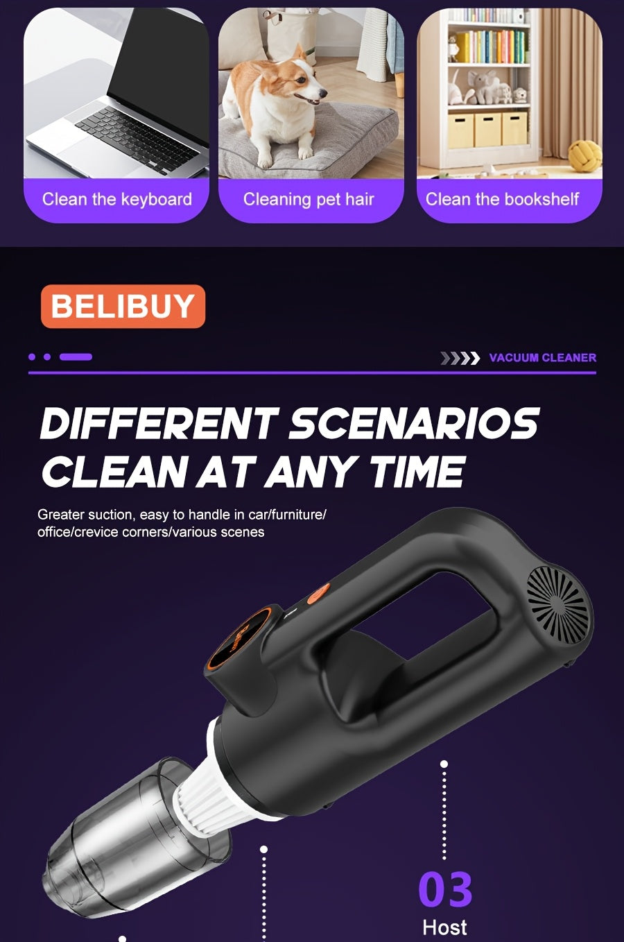 [Super Powerful Cordless Vacuum] BELIBUY 200W Super Powerful Cordless Handheld Vacuum Cleaner | 3KPa Suction, Portable Lightweight Design with Integrated Blower & Crevice Tool, Rechargeable Battery, USB Charging for Home & Ca