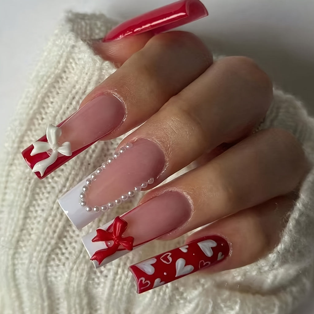 24pcs long square detachable portable wearablenails gift box, romantic French embellished with red and white ribbons, heart-shaped fashionable matching, detachable nainails, Nail Art, Romantic Design, Elegant Nails, Durable N