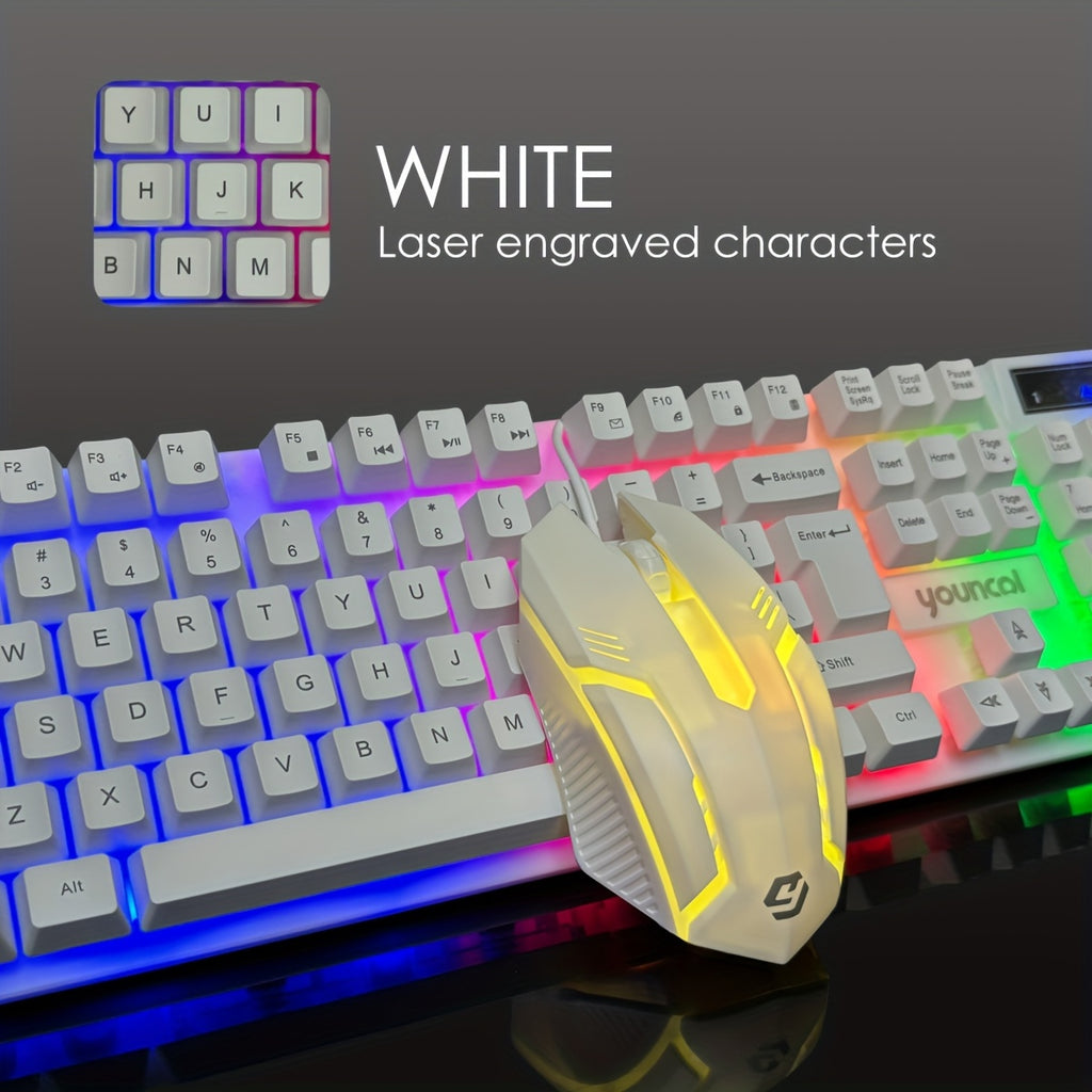 [Rainbow Backlit Gaming Set] Rainbow Backlit Wired Gaming Keyboard and Mouse Set | 19-Key Rollover, Adjustable Brightness, 2 Lighting Modes, Ergonomic Design, Hotkeys, Media Keys, USB Powered, No Battery, for Home Entertainme