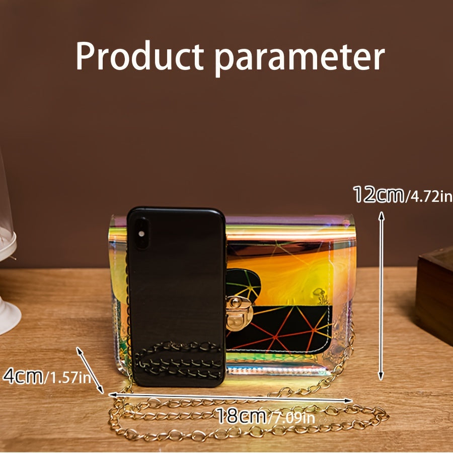 Chic Laser-Cut Transparent Crossbody Bag for Women - Fashionable Striped PVC Shoulder Purse with Chain Strap, Versatile & Colorful