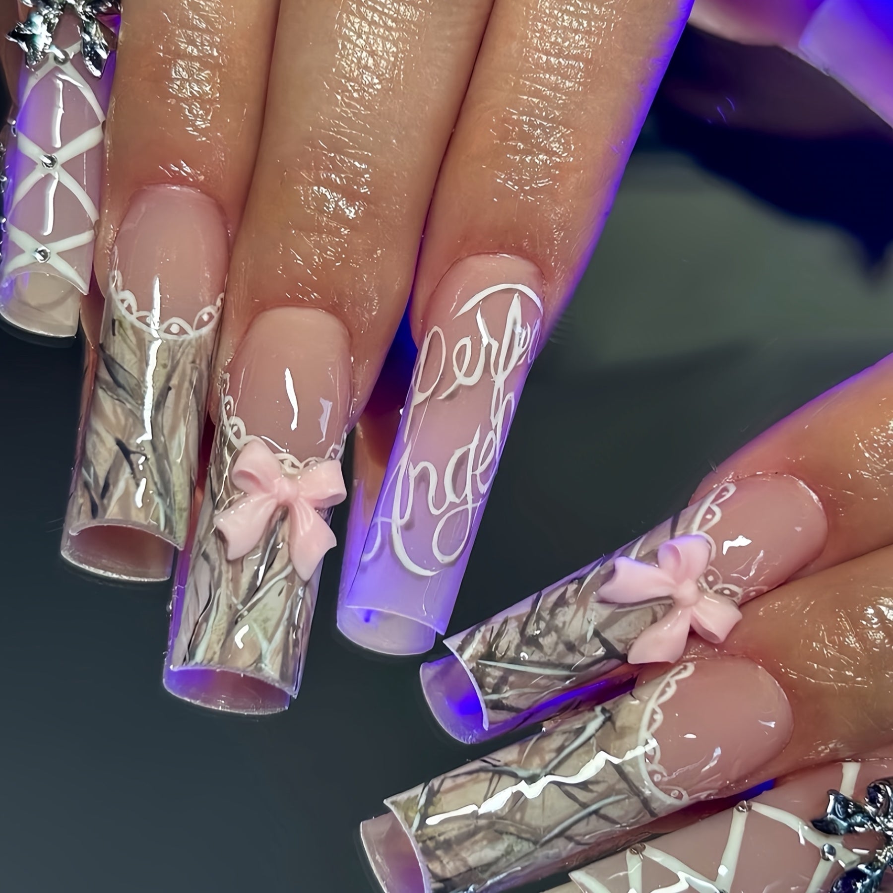 24pcs Long Teardrop Fake Nails Set with Sweet Cool Two-Tone Bow, Romantic Lace Edge Artistic Striped Sparkling Rhinestone Suitable for All Women and s - Includes Nail Files and Jelly Glue for Easy Application