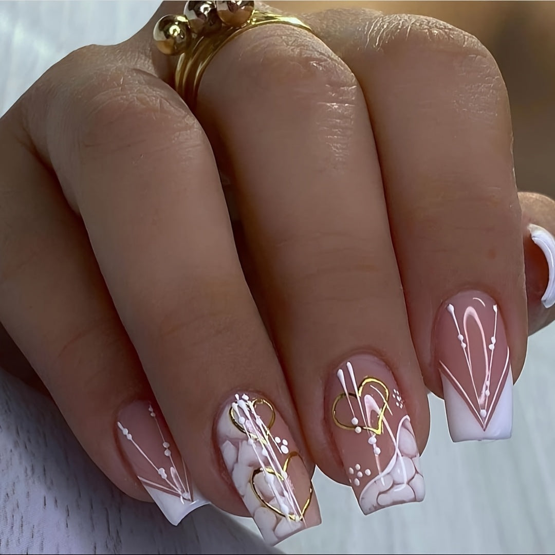 [Glossy Press-On Nails] 24pcs Square Medium-Length Press-On Nails | White & Pink Glossy Fake Nails with Cloud & Heart Designs - Includes Jelly Glue & Nail File for Daily & Holiday Wear
