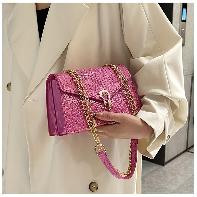 Pink Snake Print Crossbody BagFor Women, Stylish Women's Crocodile Pattern Handbag - Black Shoulder Bag With Detachable Strap Golden-Tone Hardware & Chain Strap, Crossbody Bag Purse Christmas Bags For Gifts Christmas Gift Bag
