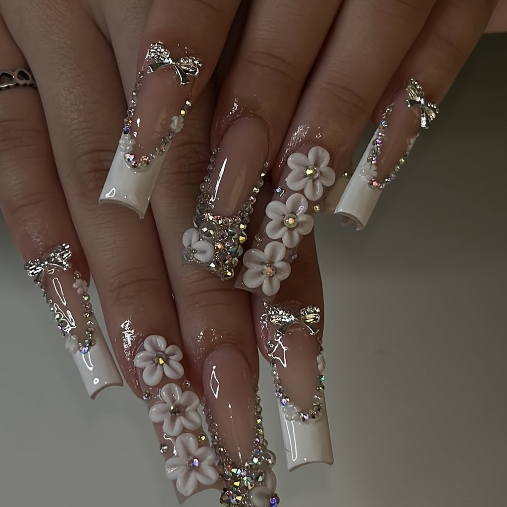 10pcs Handcrafted Press-On Nails Set for Women, Super Long Square Shape, Nude & Fair Tones, 3D Floral & Glitter Patterns, Glossy Finish, Reusable Full Cover Nail Art with Rhinestones and Metallic Accents