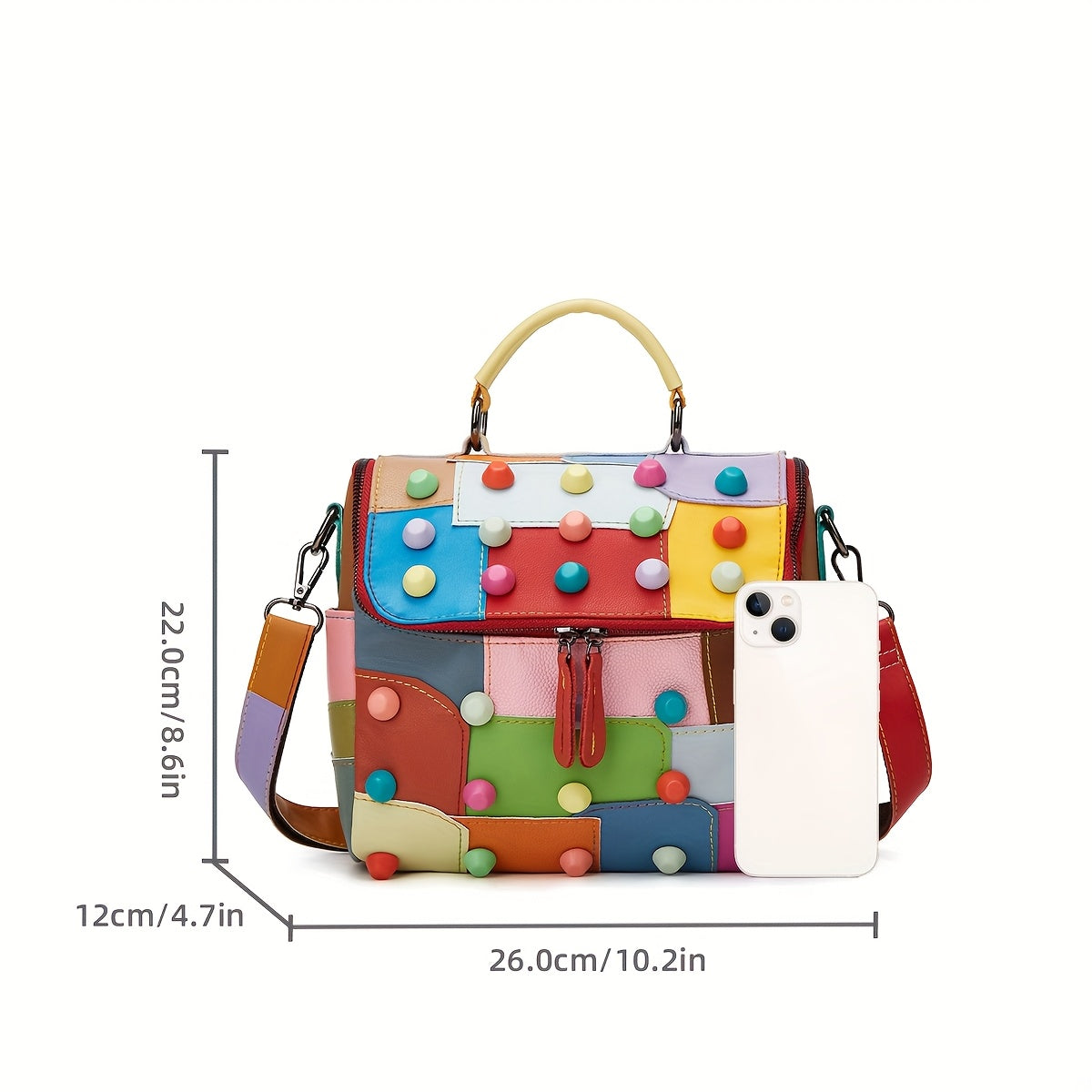 [Geometric Crossbody Bag] Light Brown Geometric Women's Crossbody Bag | Detachable Strap, Multi-Color Irregular Design, Zipper Closure, Spacious Tote with Back Pocket & Rivet Accents, Polyester Lining for Daily Commute & Casu