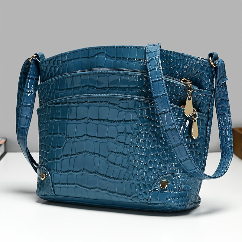 Shiny Crocodile Pattern Women'S Bag, PU Soft Shoulder Bag, Multi-Layer Crossbody Bag, Stylish And Versatile Large Capacity Bucket Bag.
