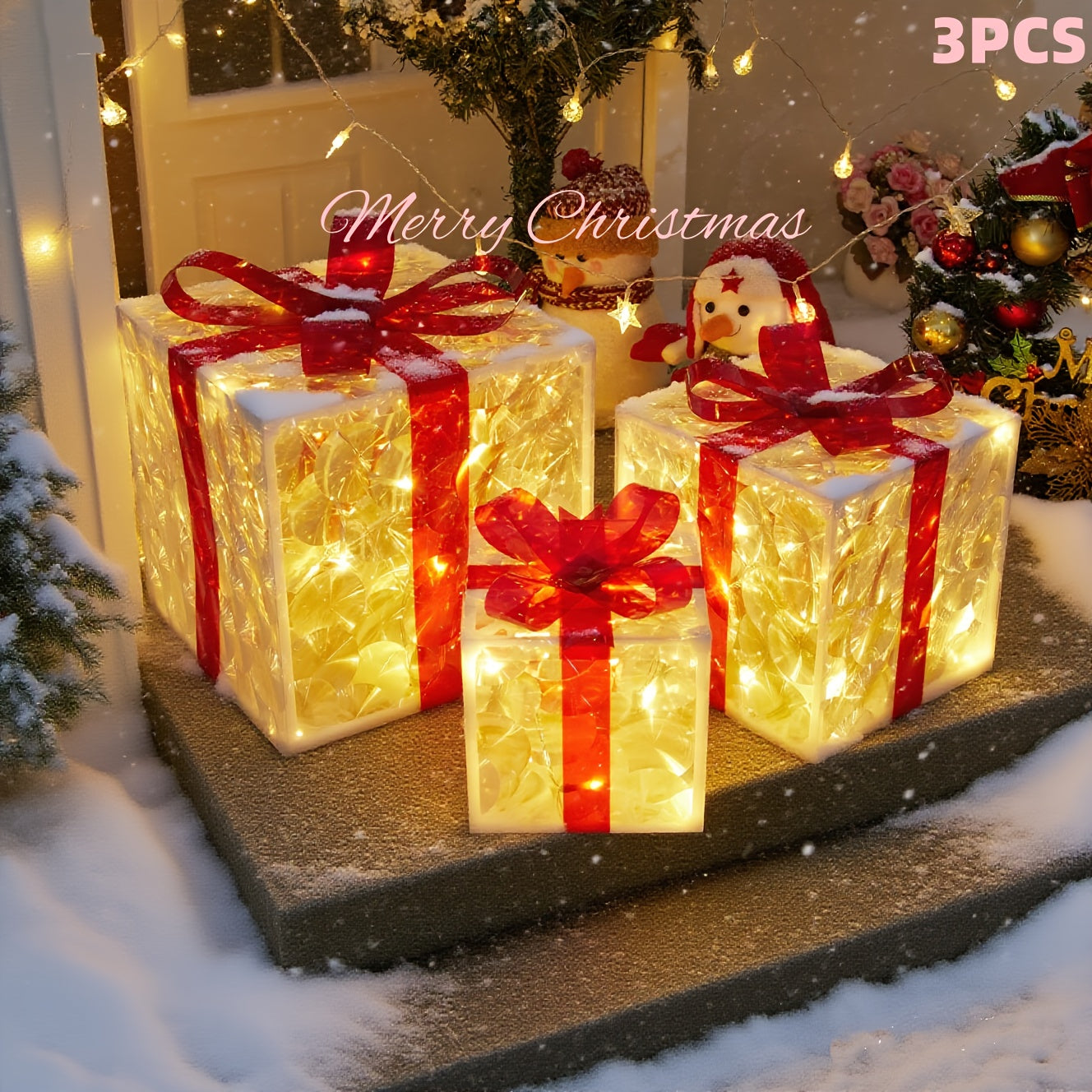 3pcs Lighted Christmas Gift Box Set with Warm LED Lights & Snowy Ribbon Bows - Battery-Powered Indoor/Outdoor Plastic Decorations with Stake Installation, Classic Winter Design for Xmas Tree, Yard, Home - Cordless Holiday Dec