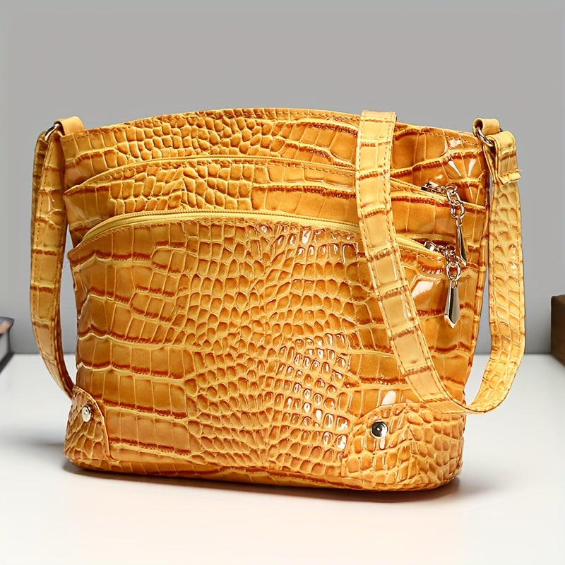 Shiny Crocodile Pattern Women'S Bag, PU Soft Shoulder Bag, Multi-Layer Crossbody Bag, Stylish And Versatile Large Capacity Bucket Bag.