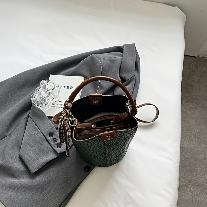 Women's Woven Bucket Handbag & Crossbody Bag - Golden-Tone Hardware, ic Closure, Detachable Strap - Deep Brown/Beige/Green/Black - Elegant Tote for, Travel, Formal Events - Durable Wipe-Clean