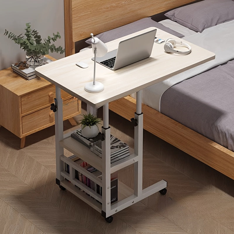 [Mobile Laptop Table] Height-Adjustable Mobile Laptop Table - 4-Wheel Rolling Study/Workstation Desk with Dual Shelves for Bedside/Dorm/Office Use, Sturdy Modern Finish (Space-Saving Design)