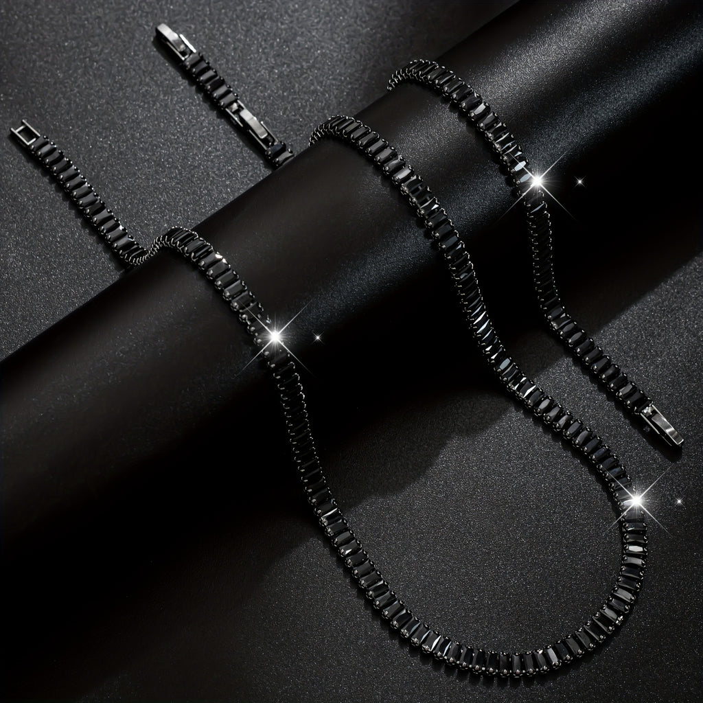 Men's Black Zircon Tennis Bracelet & Necklace Set |