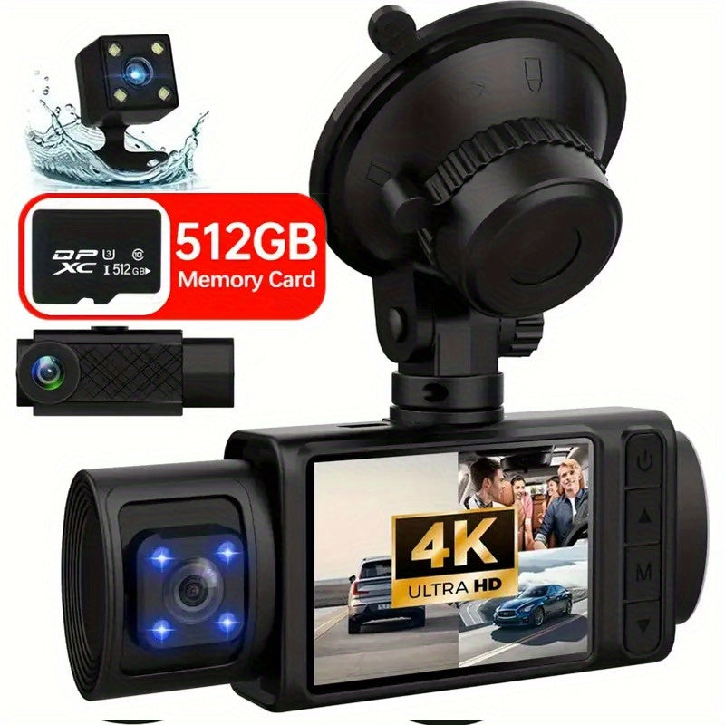 Driving Recorder, 3-Channel Driving Recorder, 4K+1080P Front And Rear Driving Recorders, Triple Car Driving Recorder, 512GB Card And 32GB Card, Cardless Driving Recorder, 160P Full HD, G Sensor, 170 ° Wide-Angle Instrument P