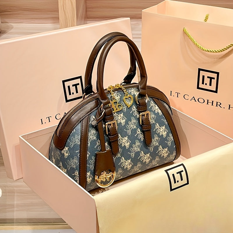 [Vintage Handbag] Elegant Vintage Carriage Print Shell Handbag for Women | PVC Blue Animal Print, Removable Strap, Zipper Closure, Polyester Lined - Ideal Gift for Mom