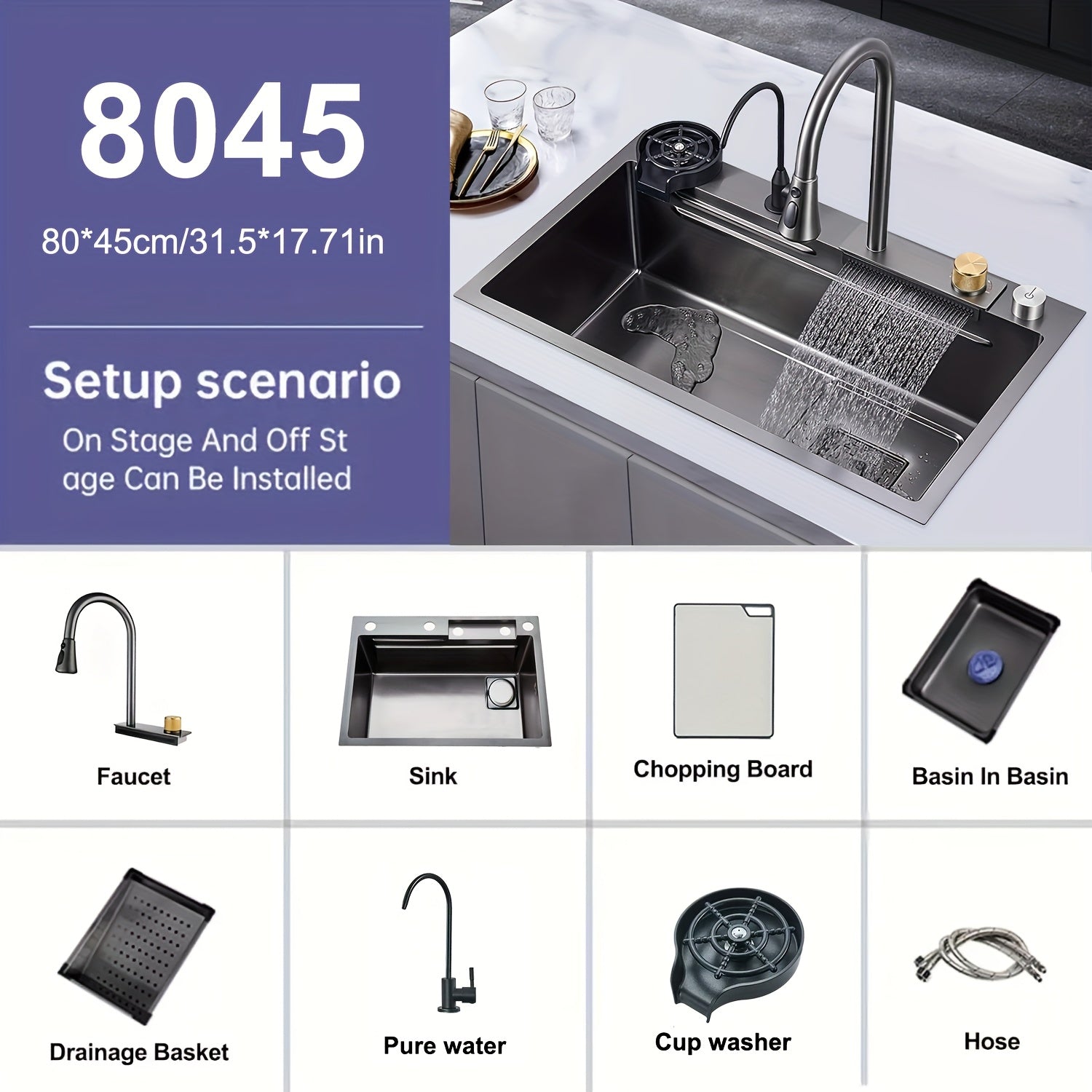 Digital Display Waterfall Sink, Single Bowl Kitchen Sinks, Stainless Steel Bar Sink With Pull Down Sprayhead Faucet, Smart Modern Kitchen Sink, Full Set Of Accessories, Gun Gray & Brushed Golden, 1 Set