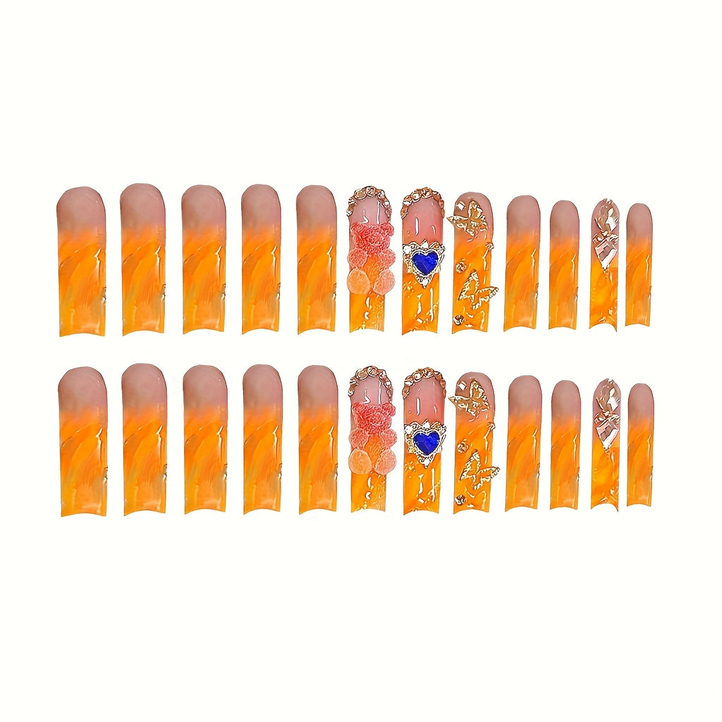 24pcs Waterdrop French-Style Fake Nails Set with Cute Gummy Bear, Luxury Heart, Created-Sapphire Metallic Glitter, and 3D Beautiful Butterfly Designs - Suitable for All Women and, Includes Nail File and Jelly Glue for Easy Ap