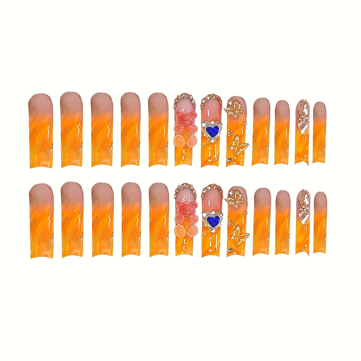 24pcs Waterdrop French-Style Fake Nails Set with Cute Gummy Bear, Luxury Heart, Created-Sapphire Metallic Glitter, and 3D Beautiful Butterfly Designs - Suitable for All Women and, Includes Nail File and Jelly Glue for Easy Ap