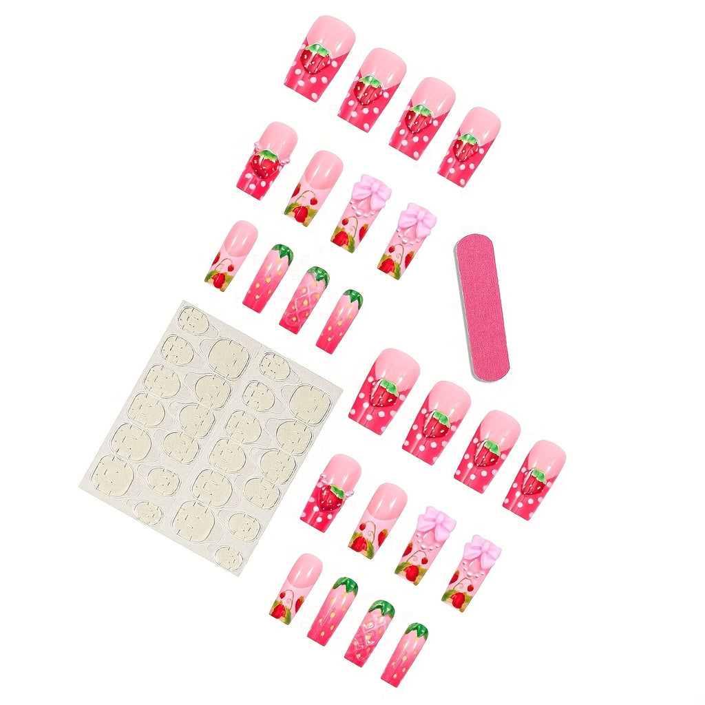 [French Bow Strawberry Nails] 24pcs French Bow Strawberry 3D Square Press-On Nails with Jelly Glue File