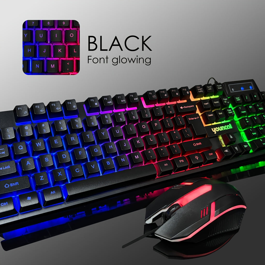 [Rainbow Backlit Gaming Set] Rainbow Backlit Wired Gaming Keyboard and Mouse Set | 19-Key Rollover, Adjustable Brightness, 2 Lighting Modes, Ergonomic Design, Hotkeys, Media Keys, USB Powered, No Battery, for Home Entertainme