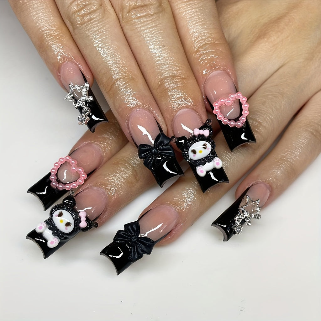 24pcs Long Coffin Nail Stickers Sanrio Black French Cute 3D Rhinestone Pink Heart Bow Silvery Star Charm Fake Nails Set with Jelly Glue and Scraper, Suitable for Daily Use, Parties, and Gatherings