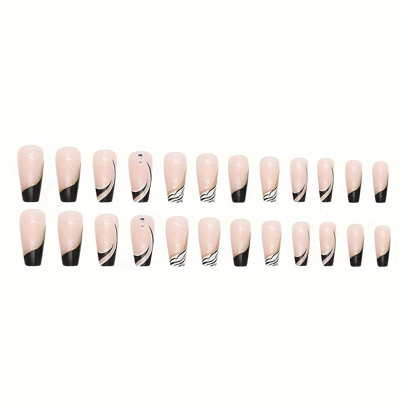 24pcs Medium-Length French-Style Ballet Press-On Nails, Black and White Zebra Print with Minimalist Rhinestone Design, Removable Press-On Fake Nails with Jelly Glue and Nail File, for Women and for Holidays, Parties, or Daily
