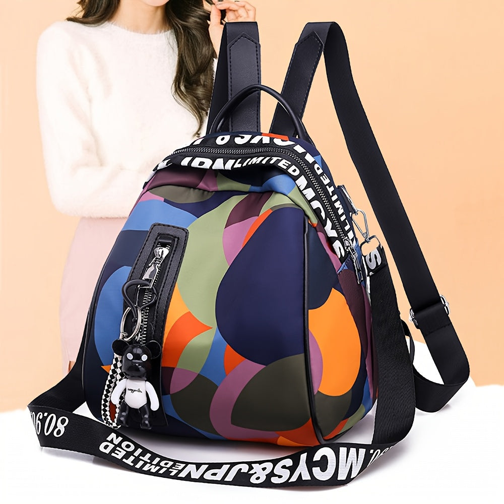 Women's Colorful Geometric Oxford Cloth Backpack - Multifunctional Handbag, Shoulder Bag & Crossbody Purse with Adjustable Straps, Zipper Closure & Bonus Teddy Bear Keychain Accessory, Versatile Travel Purse | Trendy Women's