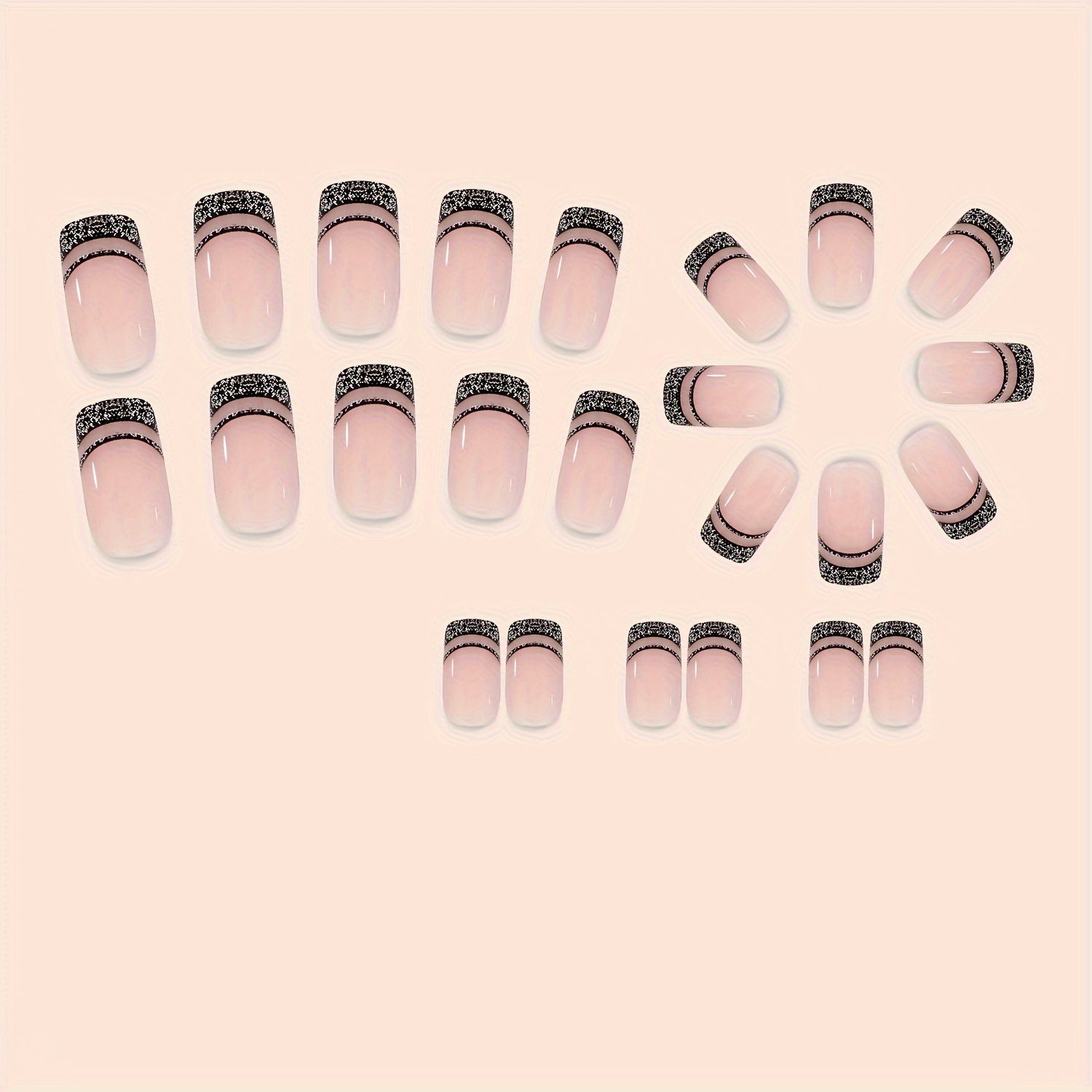 24 Pieces of Elegant Black Striped Geometric French Manicure Nail Tips with Sparkling Finish - Long-Lasting, Easy to Apply, and Reusable - Perfect for Salon or At-Home Nail Art