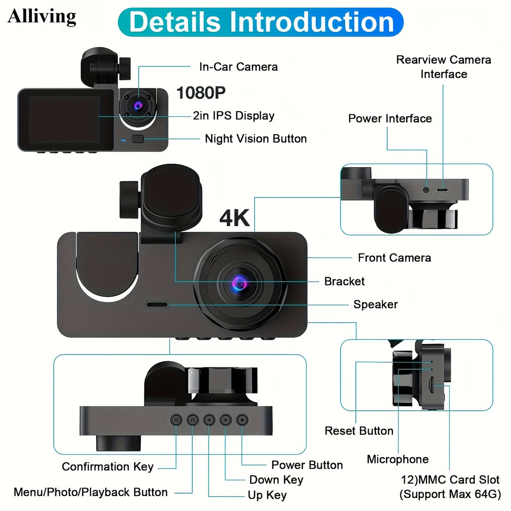 Front 4K/ Built- 1080P Three-Channel Front and Rear Built-in Dash Cam, Full HD Car DVR with Infrared Night Vision Function, Loop Recording, Includes 32/64GB SD Card, WDR, 24-Hour Parking Mode - Birthday Gift YX15, Road Trip C