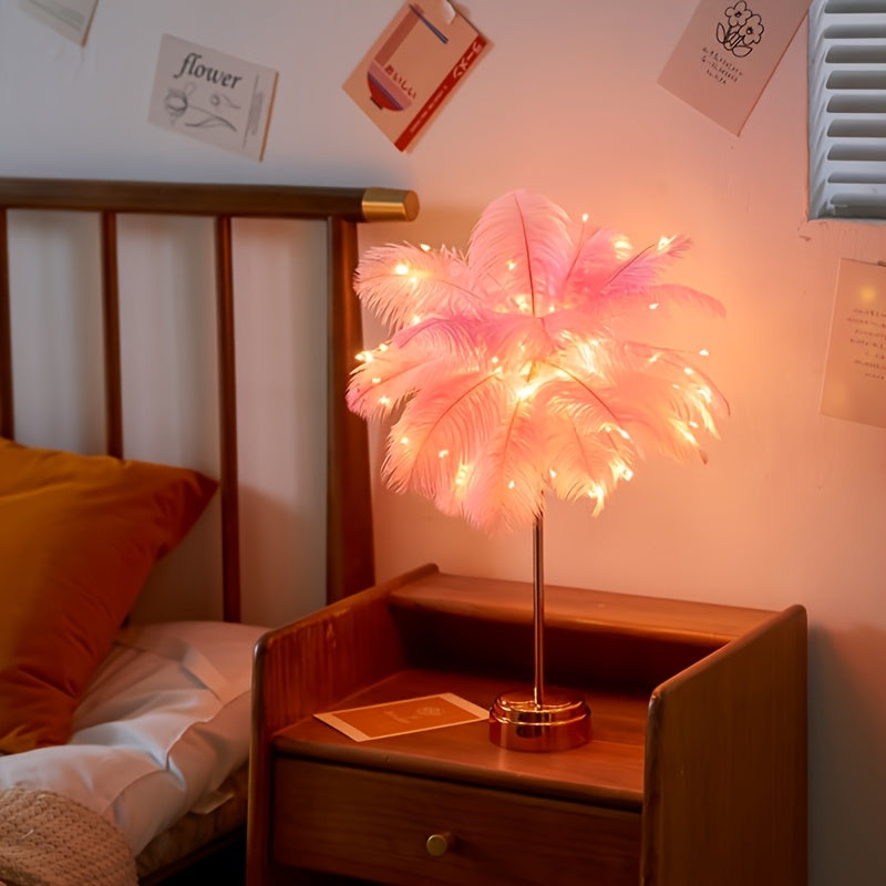 [Pink Feather Table Lamp] Large Modern Artificial Feather Table Lamp with LED Uplight | Elegant Pink & White Design, Brushed Finish, Battery-Powered for Bedroom, Living Room, KTV, Cafe, or Home Decor